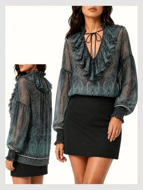 Alice + Olivia Julius Paisley Ruffle Blouse Green Black L